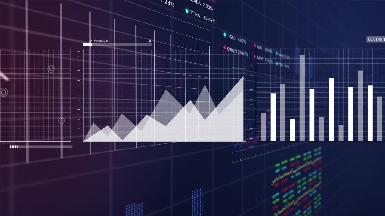 animación del procesamiento de datos estadísticos y del mercado de valores contra un fondo azul
