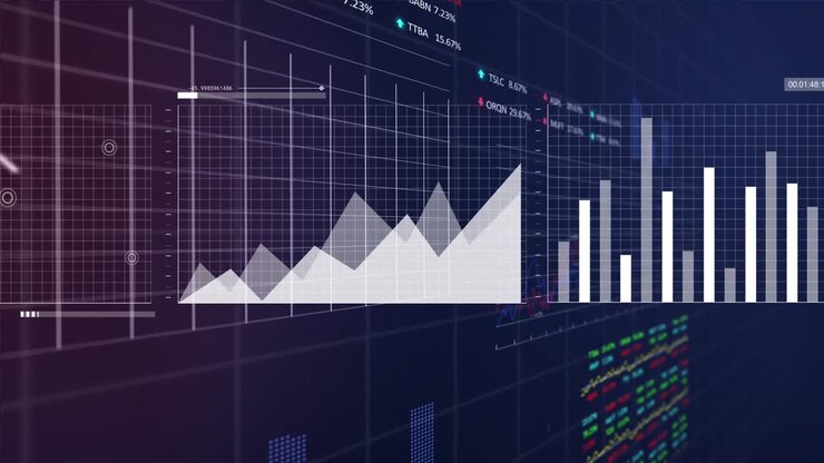 Animazione di elaborazione dati statistici e di mercato azionario contro uno sfondo blu.