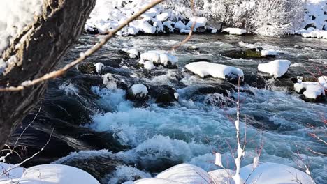 Die-Weitwinkelansicht-Fängt-Die-Dynamischen,-Schneebedeckten-Stromschnellen-In-Einer-Frostbedeckten-Winterlandschaft-Ein