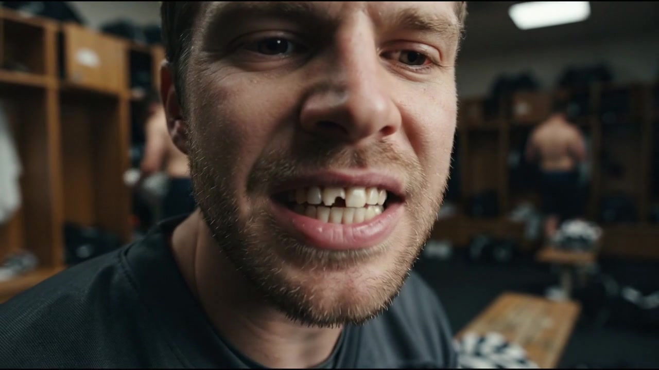 Close portrait of an adult man speaking with his mouth visible captured in a realistic indoor environment