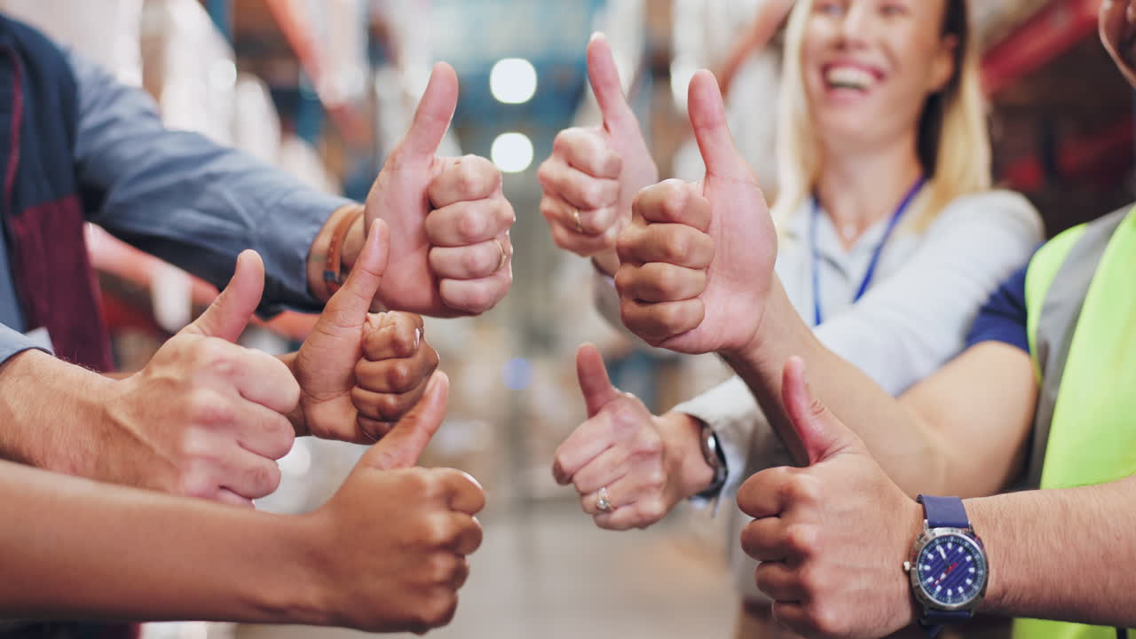 Team gives thumbs up in warehouse