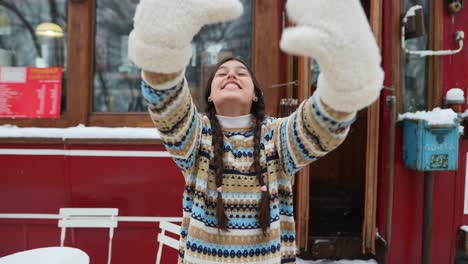 excited woman in winter cafe