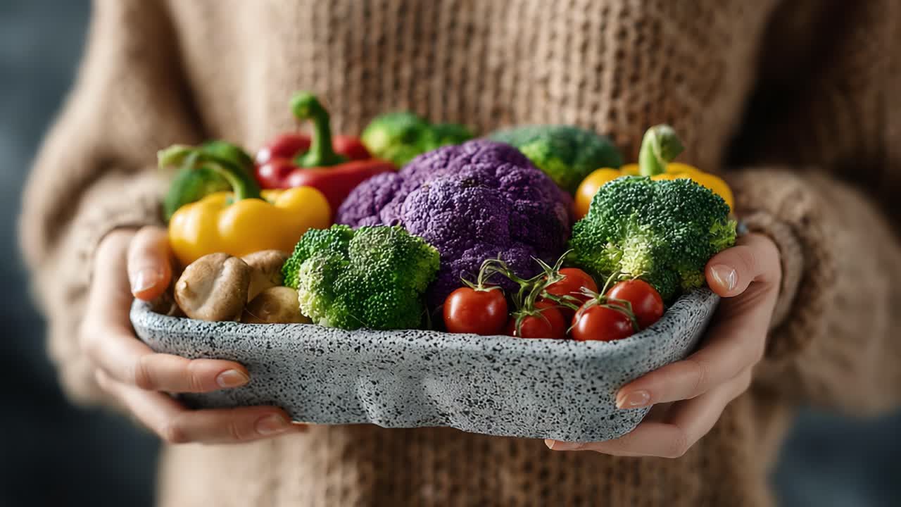A Vibrant Collection of Fresh Vegetables in a Cozy Setting, Perfectly Arranged in a Rustic Plate Highlighting the Colors and Textures of Broccoli, Cauliflower, and Peppers