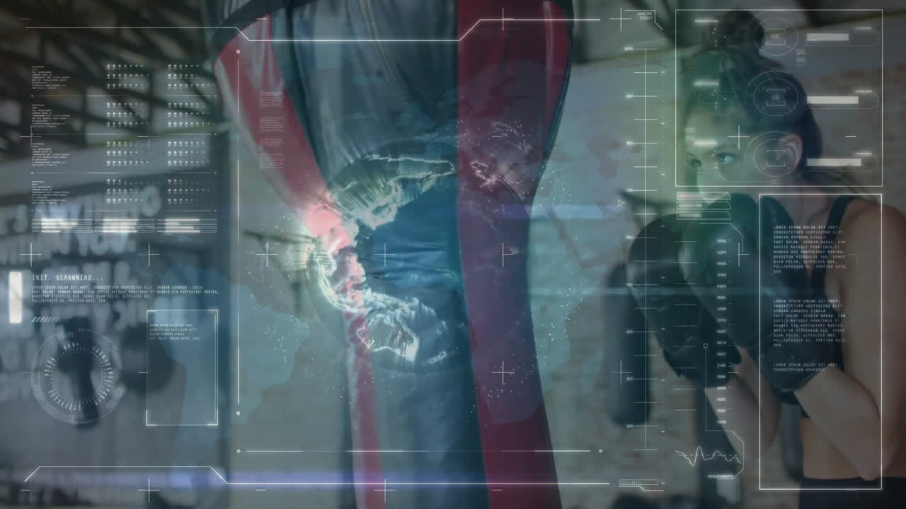 Female boxer punching heavy bag in warehouse gym, showing fitness tech HUD data overlays