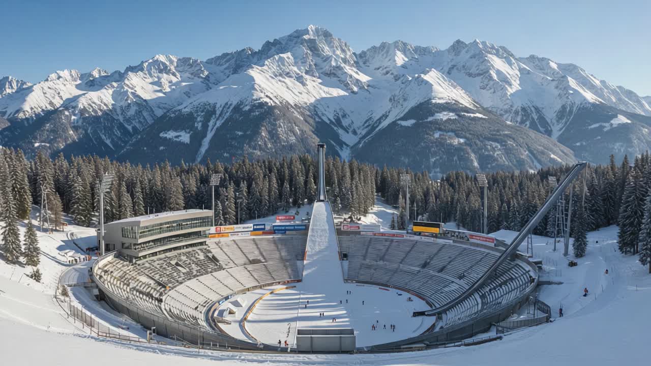 Stunning panoramic view of a winter sports arena surrounded by majestic snow-capped mountains and pristine forests, capturing the essence of outdoor adventure and winter sports