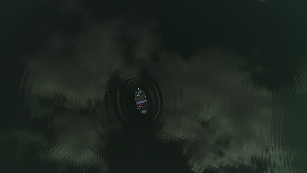 рыбак на небольшой лодке, вид с озера.