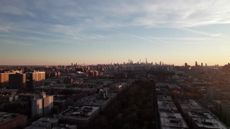aerial view of new york city skyline at sunset