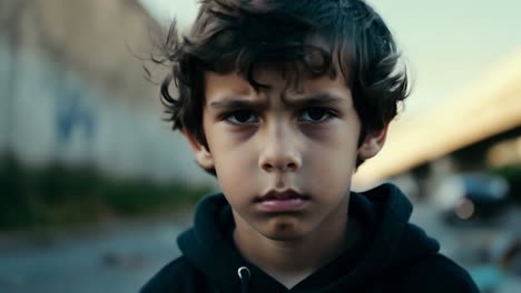 a young boy looking serious in a urban setting