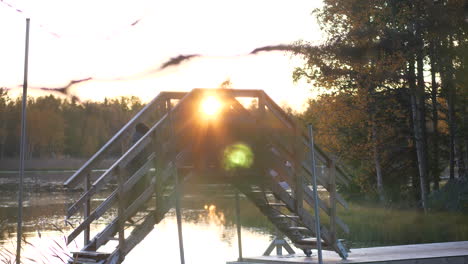 young hiking boy walking on cute wooden bridge in autumn colored landscape, at golden sunset, ready for grading