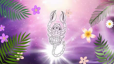 Animation-of-scorpio-star-sign-over-flowers-and-leaves-on-purple-background