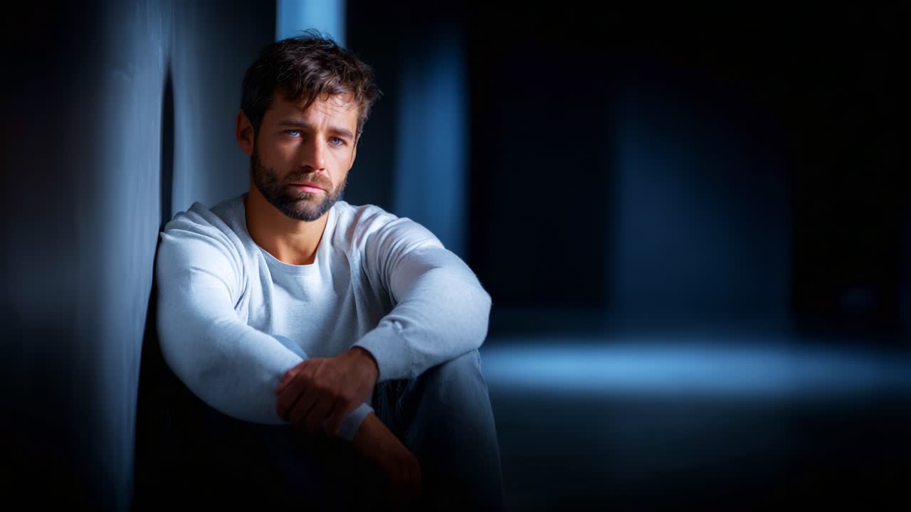 A contemplative man sitting alone in a dimly lit corridor, expressing deep emotions and thoughts while surrounded by shadows and soft blue lighting