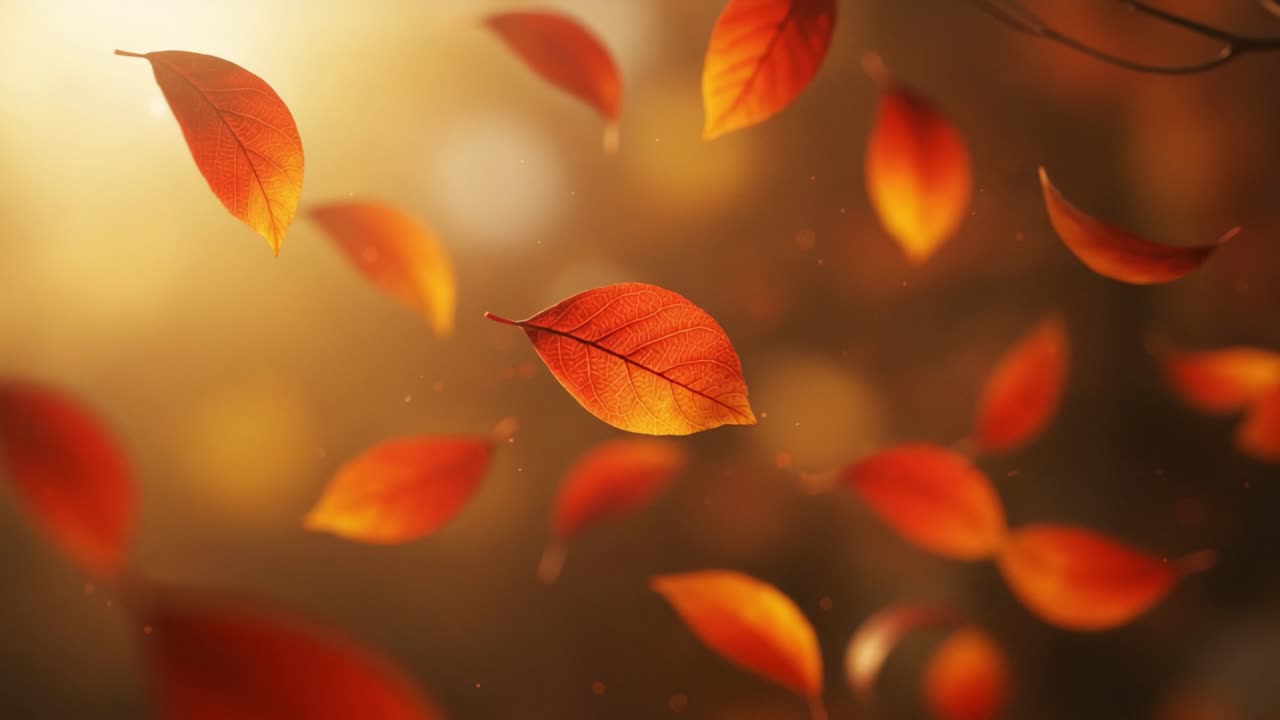 A Captivating Display of Autumn Leaves: Vibrant Orange and Red Leaves Dancing in the Air with a Soft Golden Glow, Capturing the Essence of Fall's Beauty and Serenity