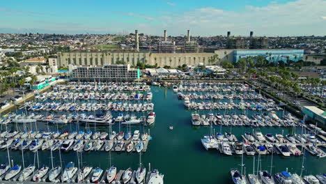 Aerial-View-Of-Sailboats-And-Yachts-Moored-At-King-Harbor-Marina-in-Redondo-Beach,-California,-USA