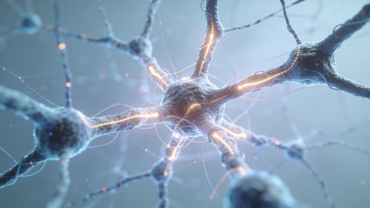 Soma receiving pulse, sending gold signals along neurites, sparks marking branches for research