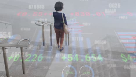 Animation-of-trading-board,-african-american-woman-talking-on-cellphone-while-walking-down-stairs