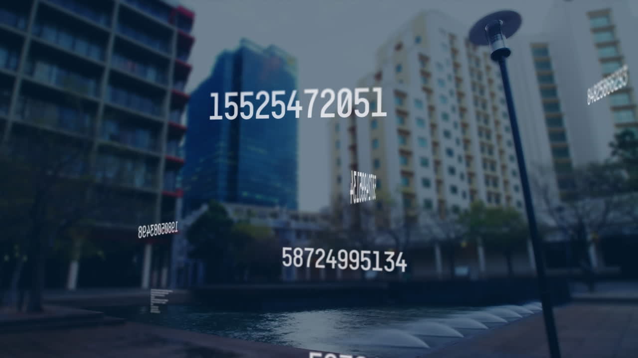 Animation of numbers and data floating over urban landscape with modern buildings