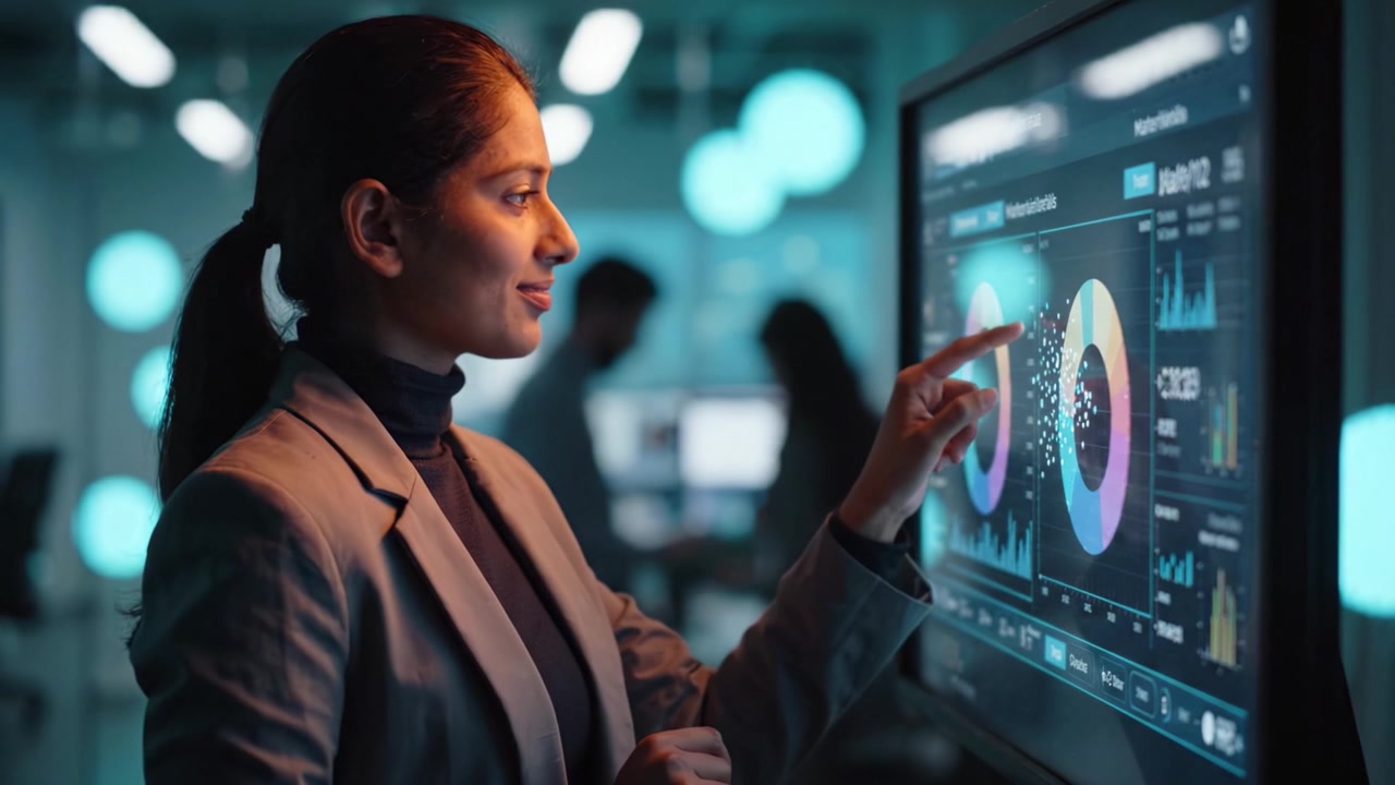 A focused professional analyzing data on a high-tech screen in a modern office environment, showcasing advanced analytics and digital insights for strategic decision-making.