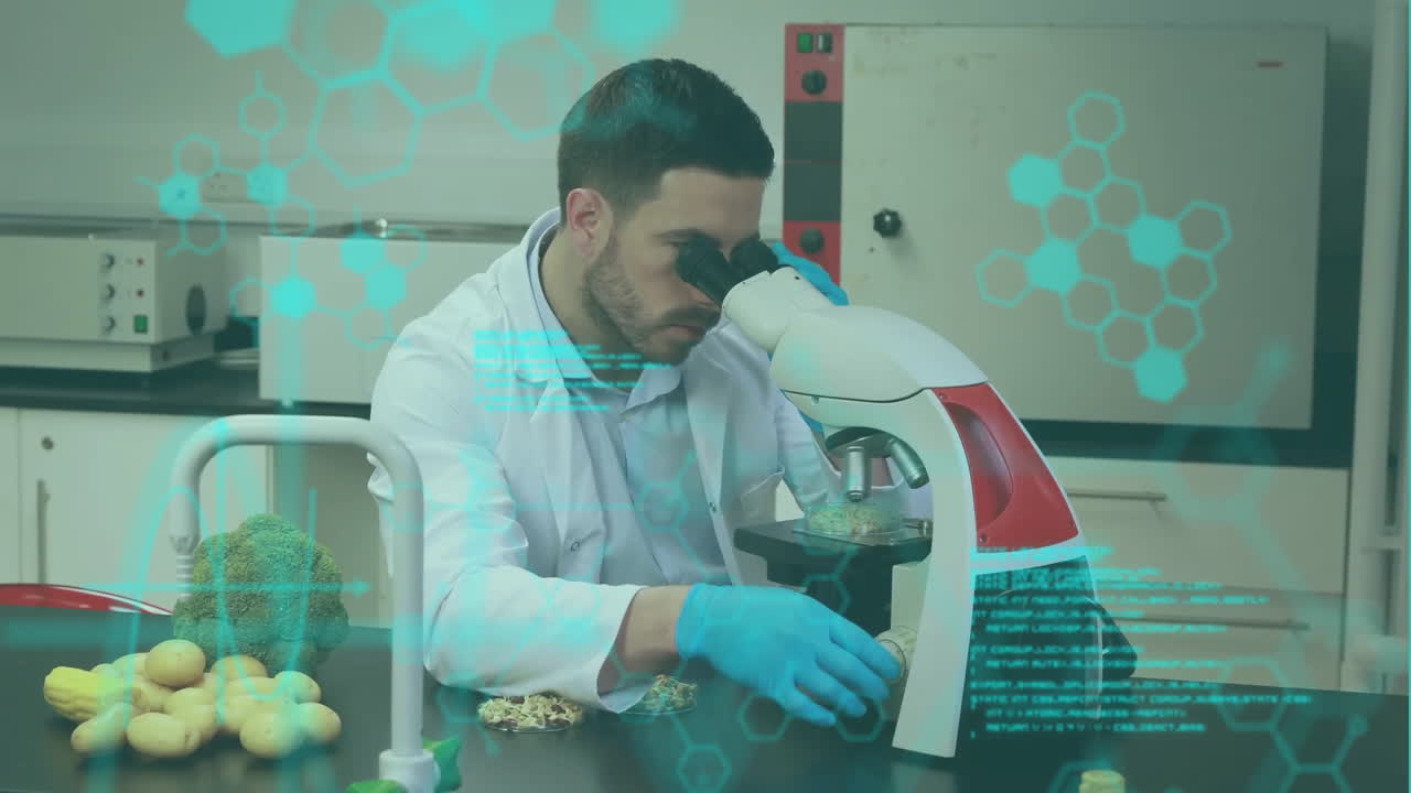 animación del procesamiento de datos científicos sobre un científico caucásico que trabaja en un laboratorio