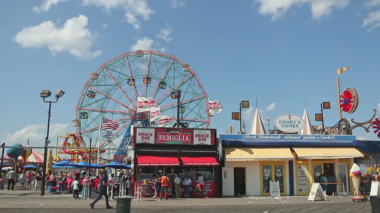 Coney Island Boardwalk with Wonder Wheel and Food Stalls