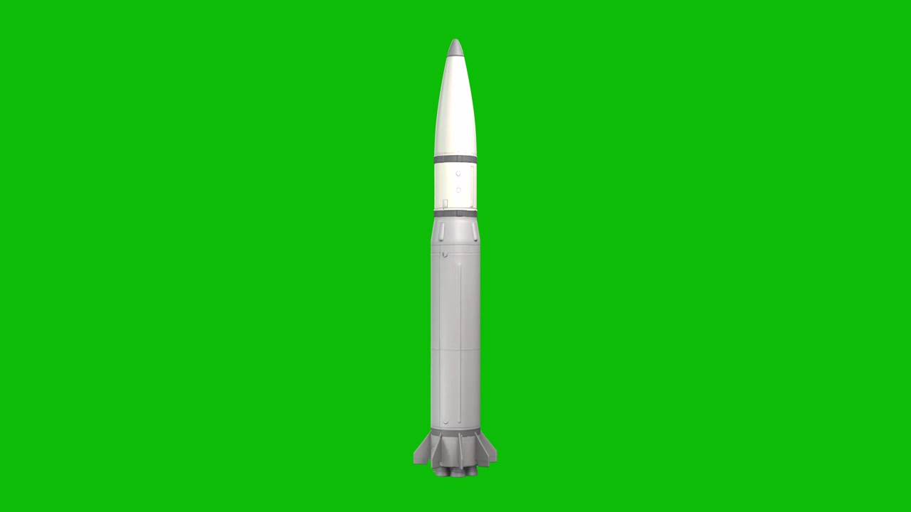 Design dettagliato in 3D di un missile nucleare militare 09, con corpo metallico, ogiva aerodinamica e alette stabilizzatrici, isolato su schermo verde. Tecnologia aerodinamica, concetti militari, immagini di guerra