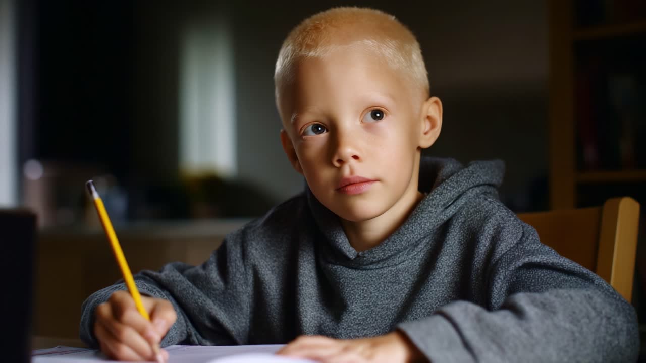 Un bambino concentrato è seduto a un tavolo, intento a scrivere con una matita in un ambiente accogliente e con illuminazione soffusa, che mette in risalto la concentrazione e la creatività in un momento di apprendimento