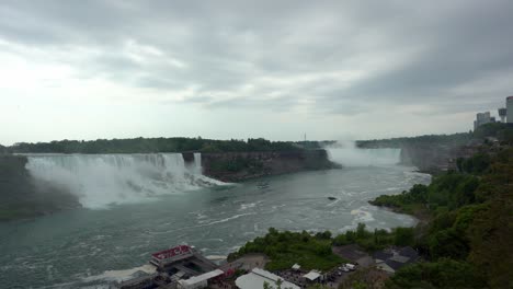 Panoramic-view-of-Niagara-Falls,-water-flowing-down-the-waterfall-creating-steam,-on-a-cloudy-day