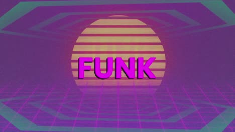 animation of funk text over digital sun on purple background