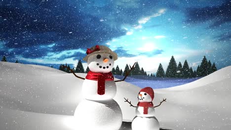 Snow-falling-over-snowwoman-and-snow-kid-on-winter-landscape-against-clouds-in-the-sky