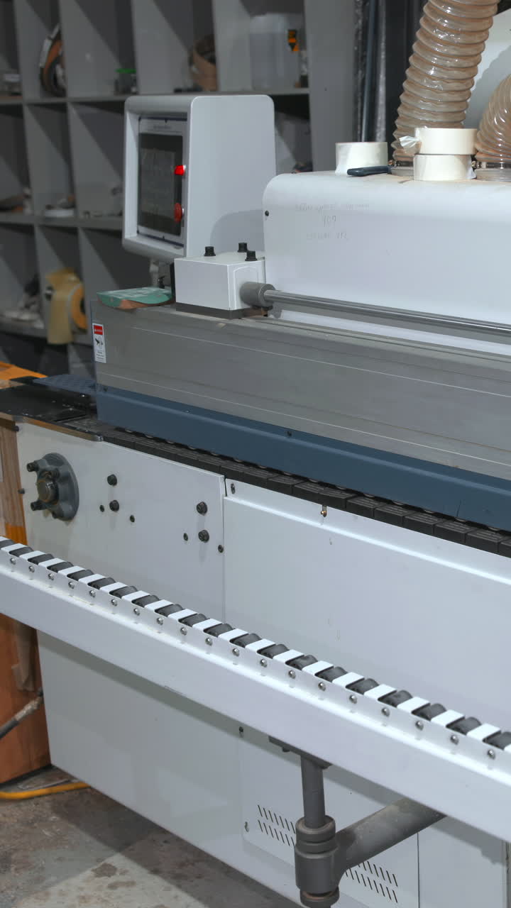CloseUp Edge Bander Machine In Workshop Showing Blue Guide Rail, Roller Conveyor And Dust Extraction Hose. Media