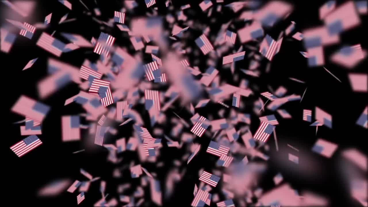 파란색 불꽃놀이의 애니메이션이 어두운 배경에서 떨어지는 미국  ⁇ 발 위에서 폭발합니다.