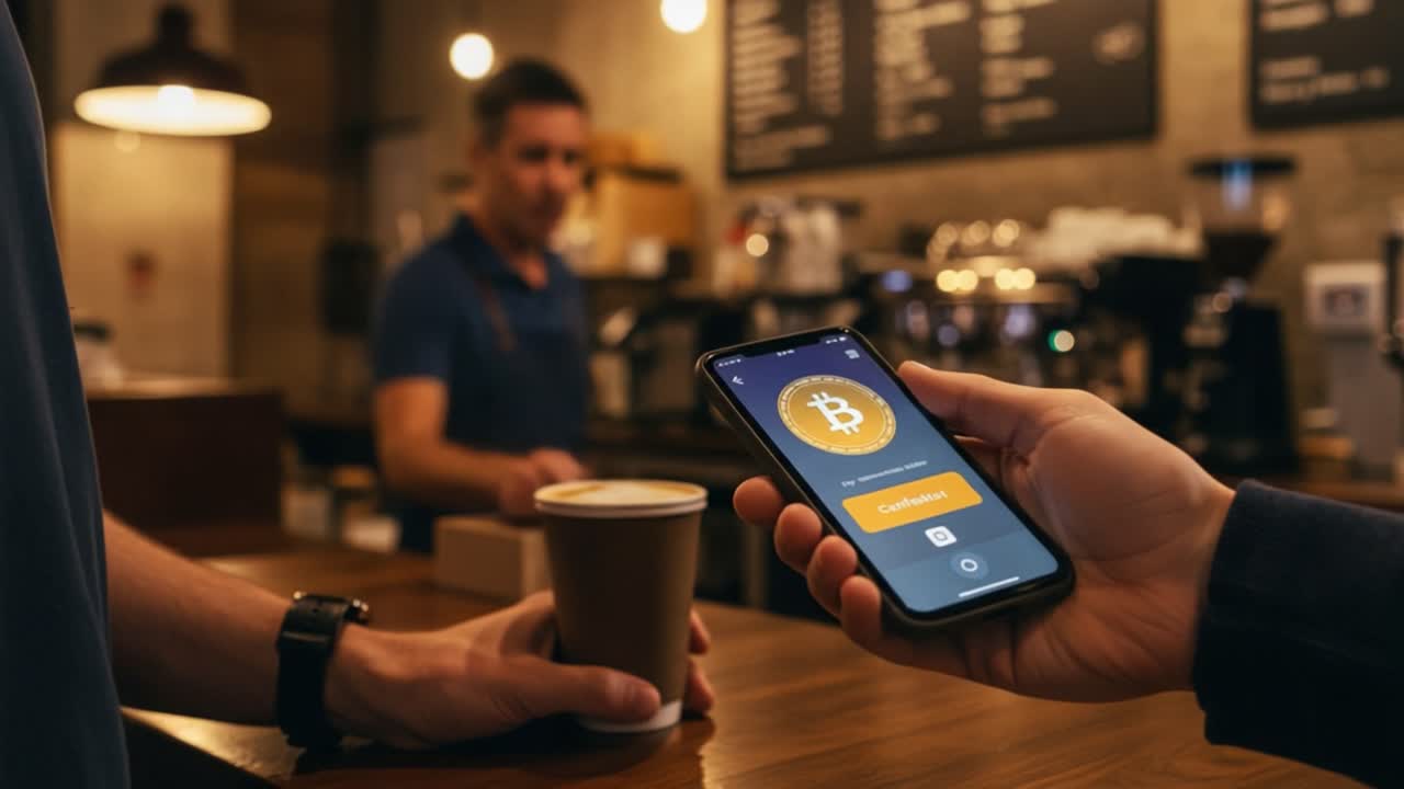Digital Payment in a Café: A Customer Using a Mobile App to Make a Bitcoin Transaction While Enjoying Their Coffee Experience