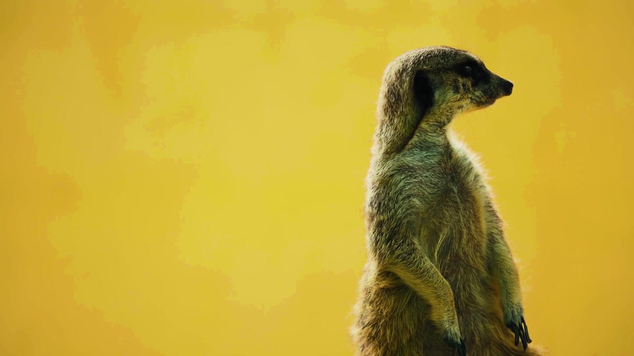 Um perfil lateral de close-up médio cinematográfico de tirar o fôlego, capturando um suricate hiperalerta em pé, estritamente ereto, com seu olhar atento direcionado para a frente contra um fundo de estúdio texturizado amarelo sólido e quente.