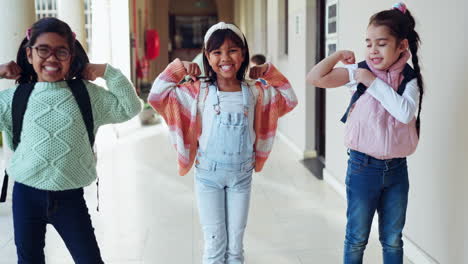 strong, children and flexing muscle with happiness