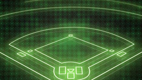 animation of neon sports stadium over green circles in row on black background