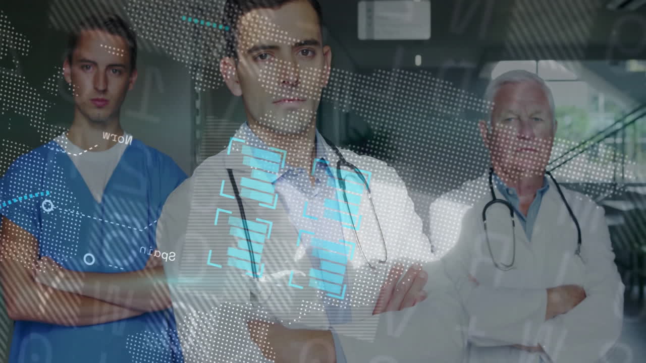 Equipo médico presentando una investigación en un hospital, mostrando una superposición de mapa punteado con paneles de datos azules