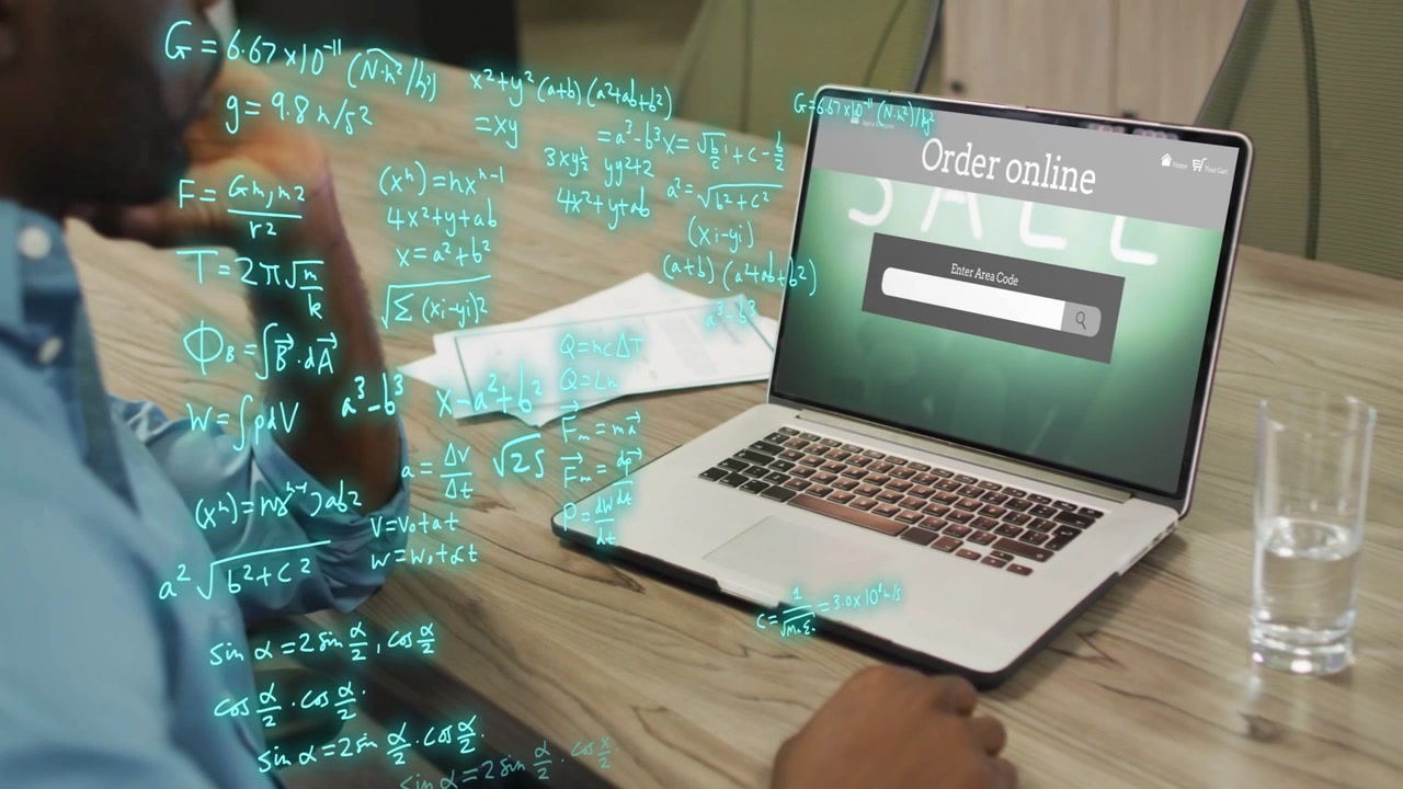 Homem inclinado digitando código de área em laptop enquanto fórmulas ciano se constroem, fazendo surgir resultados tecnológicos.