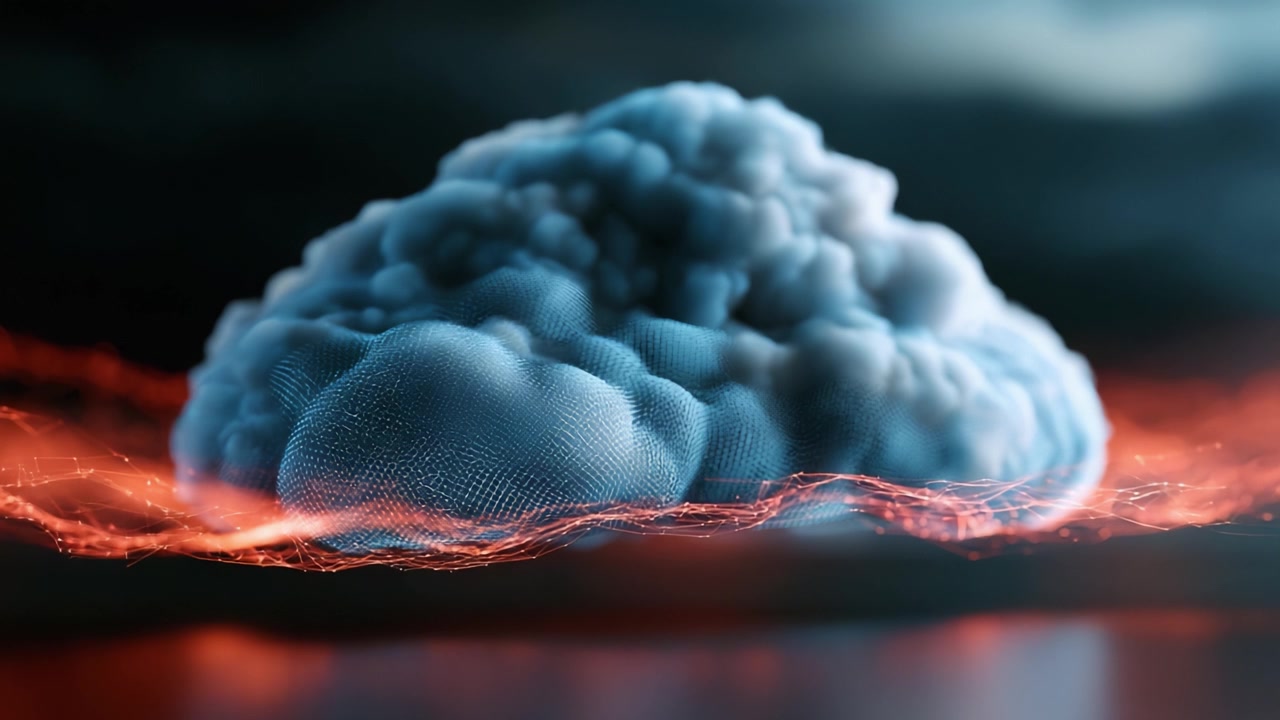 En fantastisk visualisering av en skyformasjon omgitt av eterisk lys, som forener naturens elementer og abstrakt kunst i en fengslende visning av farge og tekstur