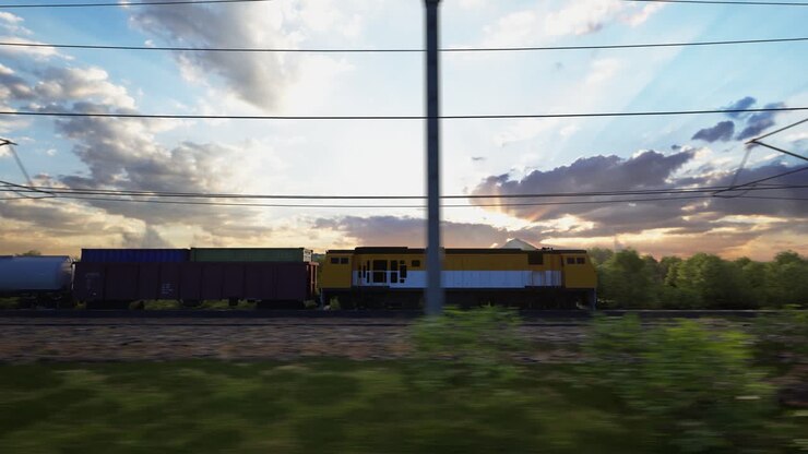 A Freight Train Hauls Shipping Containers Through The Landscape, Sunset And Blue Sky