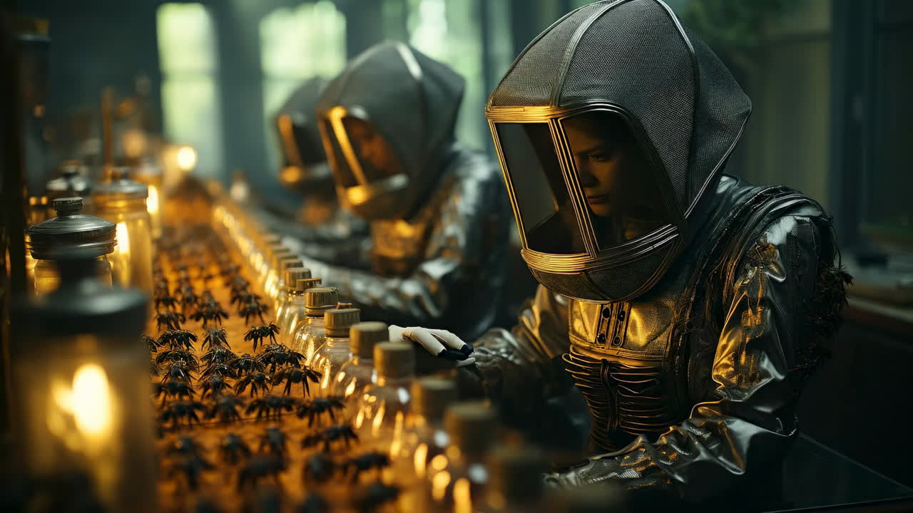 Scientists in lab suits working. Scientists in protective suits examine specimens in a futuristic laboratory filled with glass containers