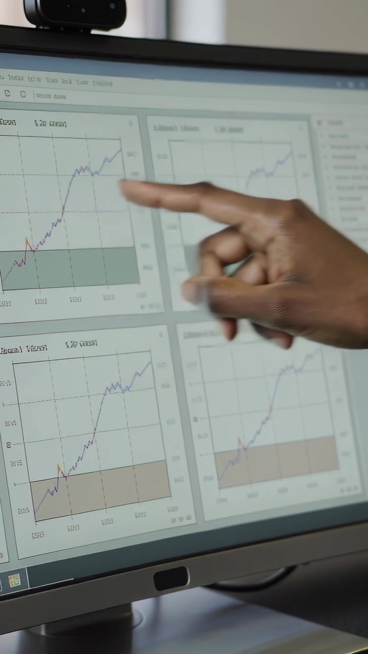 Vertical video: Entering from left, right hand pointing and tracing 4 charts at desk showing gains