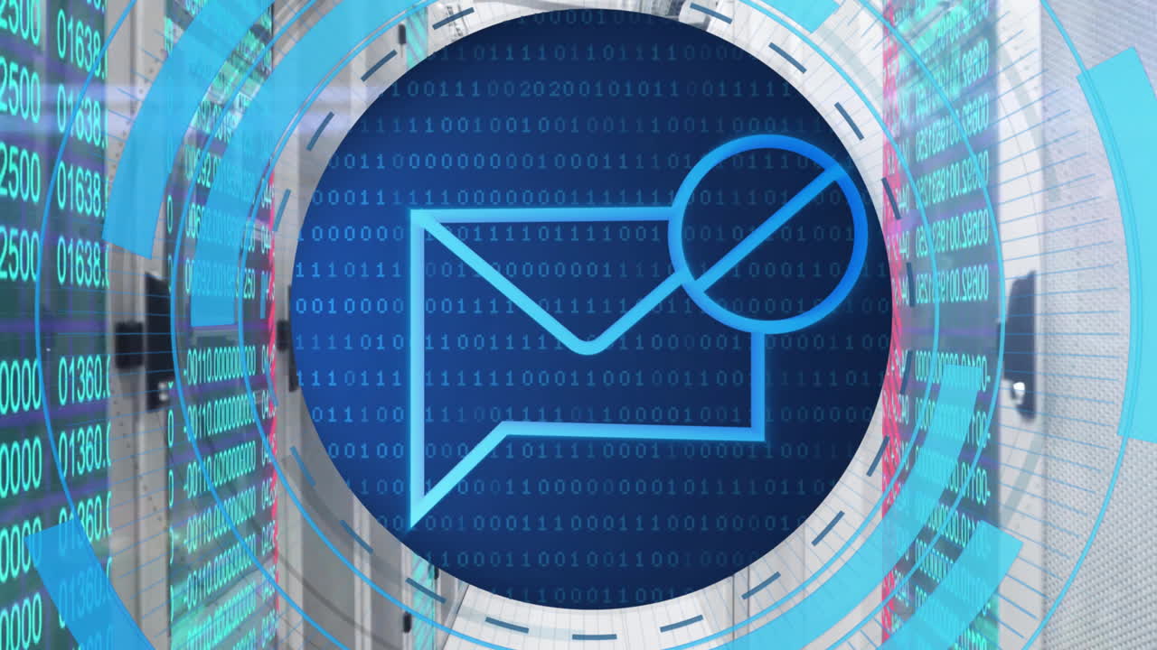 네트워크 서버 을 통해 차단된 메일 메시지 데이터를 처리하는 원형 스캐너의 애니메이션