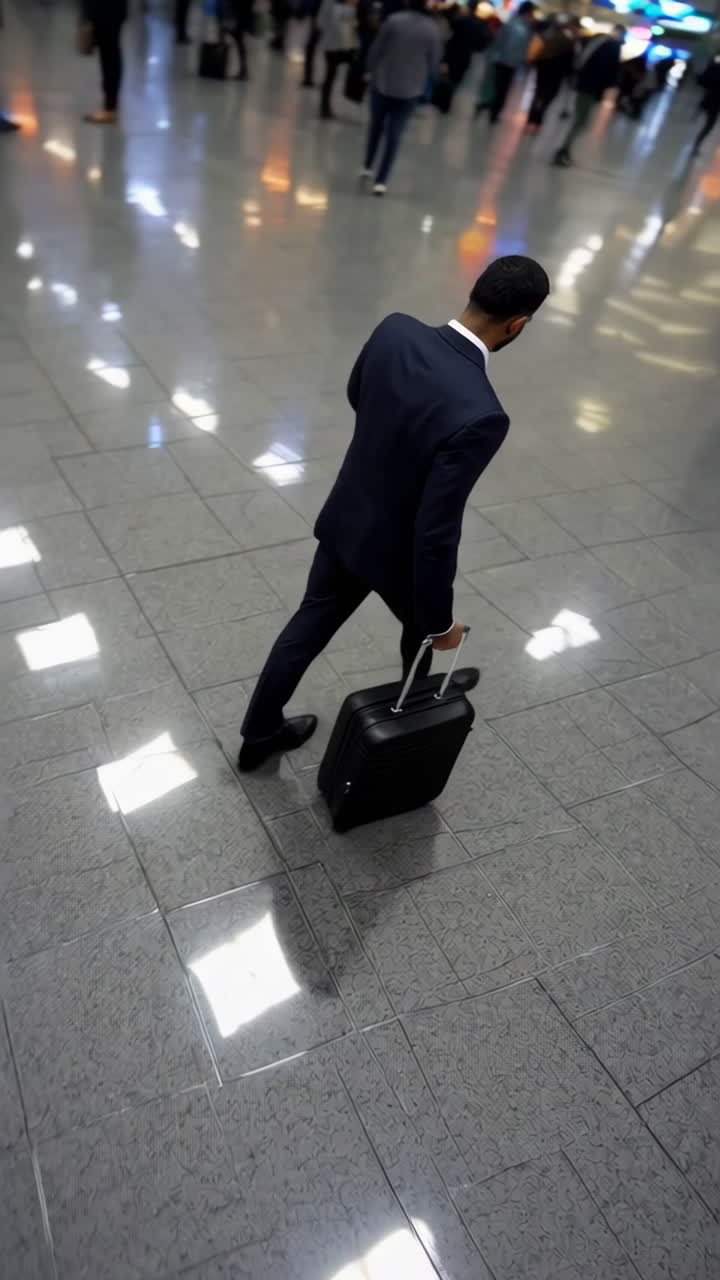 Un empresario en traje caminando con una maleta en un aeropuerto