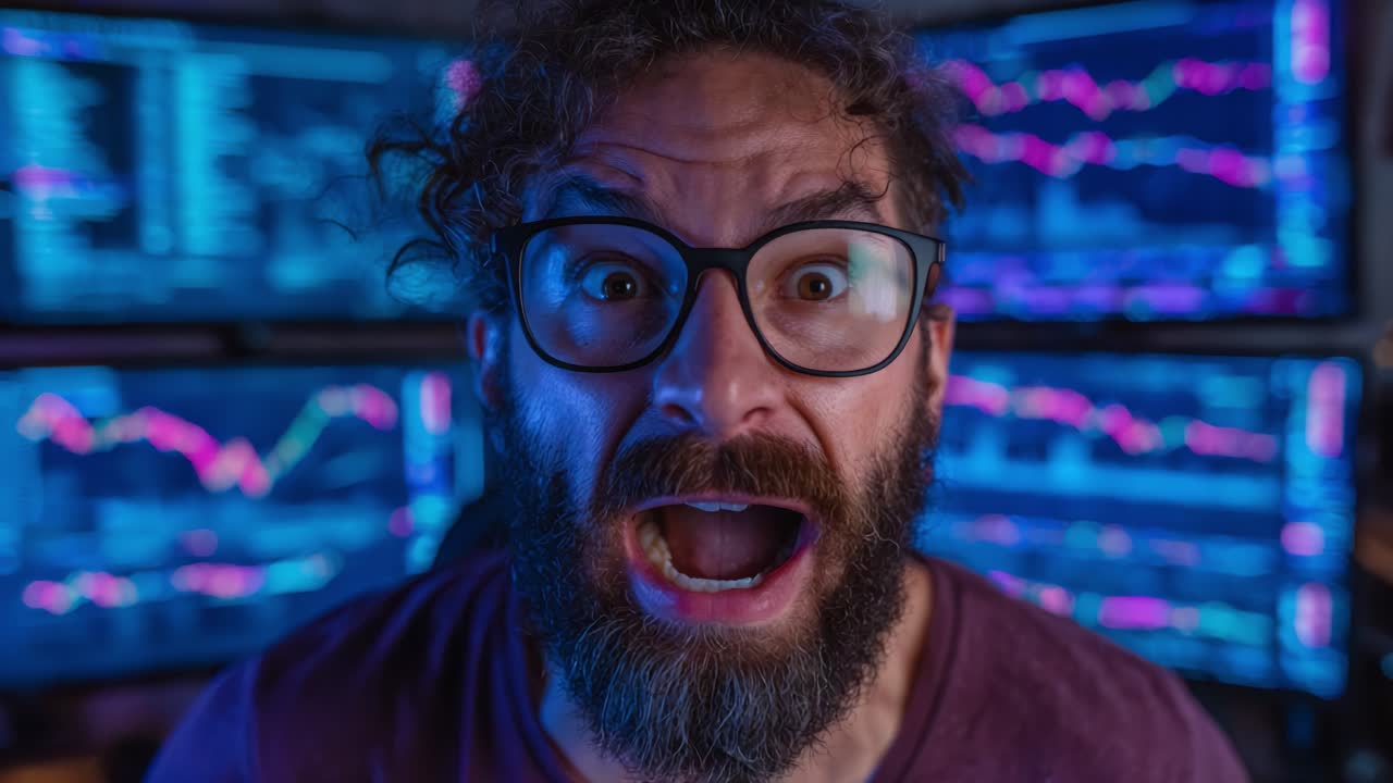 Astonished Trader Reacts to Market Changes: Capturing the Intense Emotion in a High-Stakes Environment Surrounded by Digital Graphs and Data Visualizations