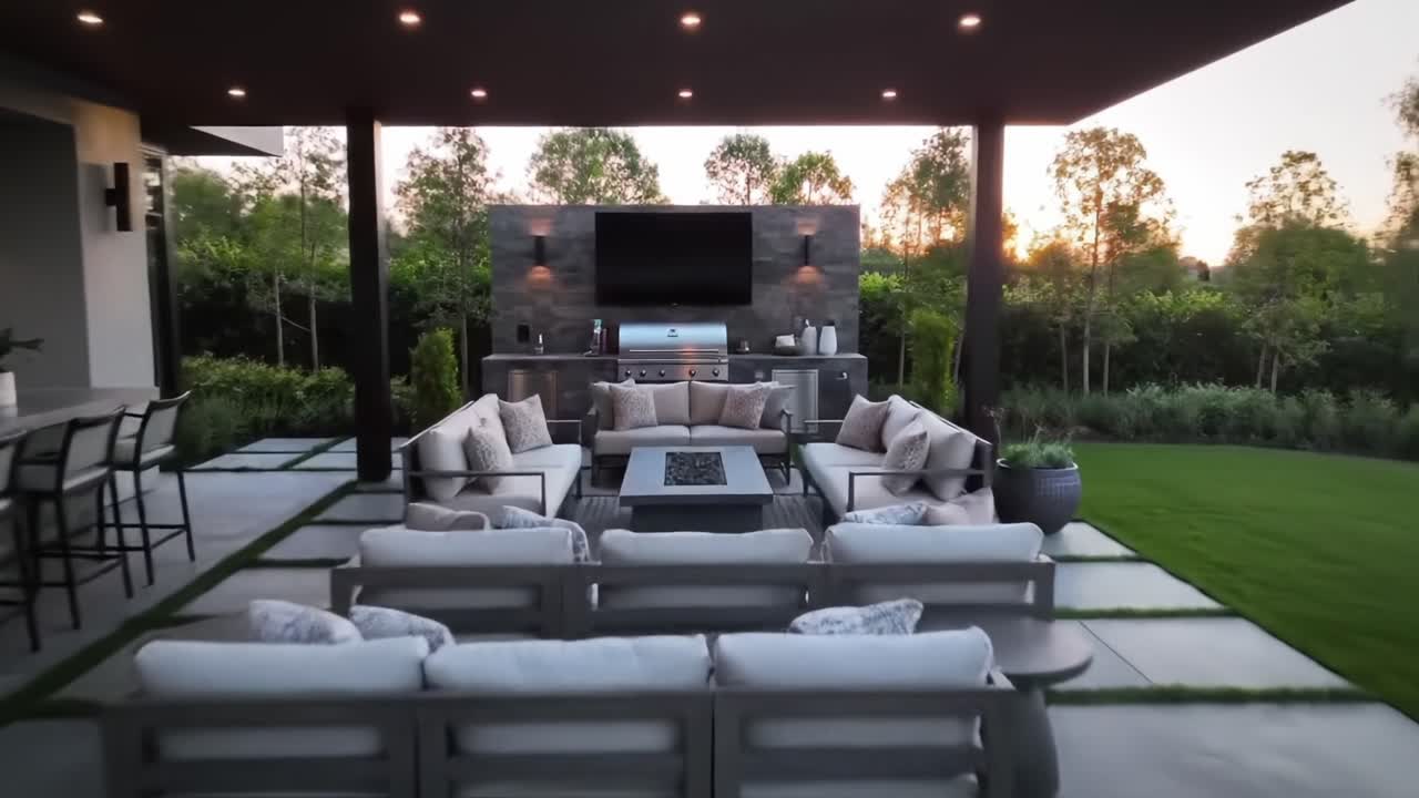 Sophisticated Outdoor Living Space Featuring a Modern Pool, Comfortable Lounge Area, and a Stylish Grilling Station Amidst a Tranquil Sunset Setting