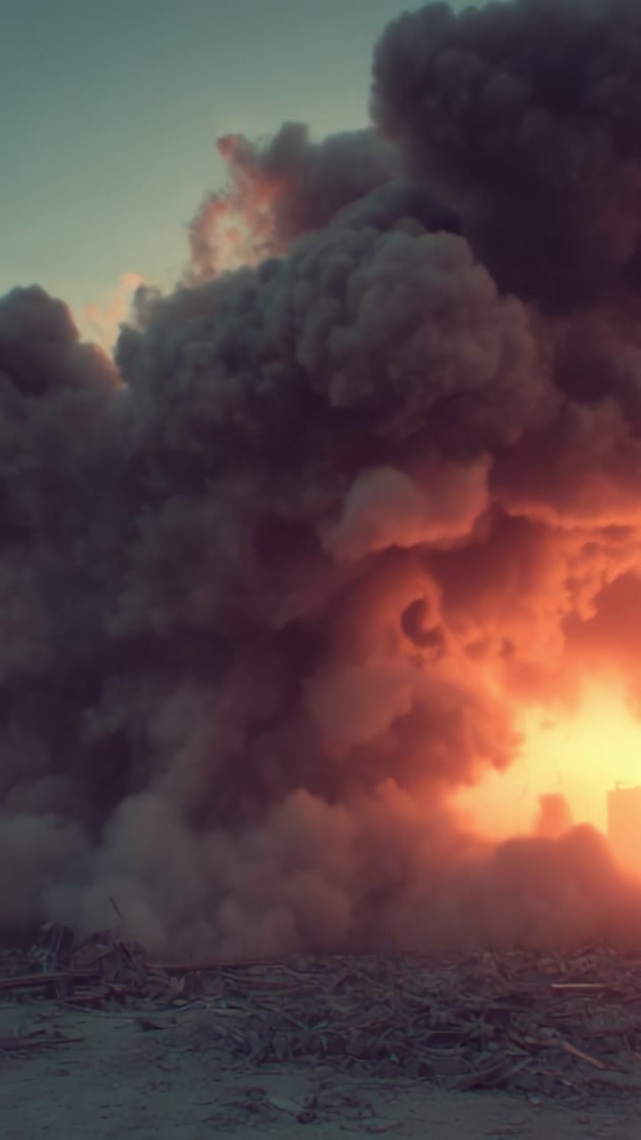 Un evento drammatico di natura esplosiva: una rappresentazione pittorica di fumo denso che emerge tra fiamme ardenti e colori affascinanti, catturando l'essenza della distruzione.