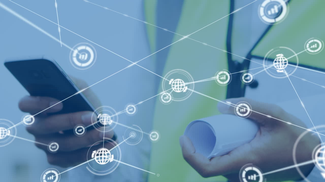 animación de la red de conexiones sobre el arquitecto caucásico masculino