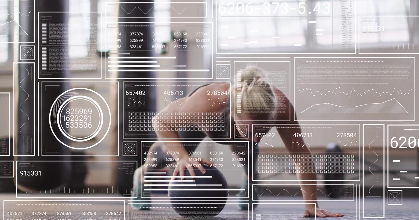 Woman starting low plank then shifting onto med ball, alternating hands and knees, HUD guiding core
