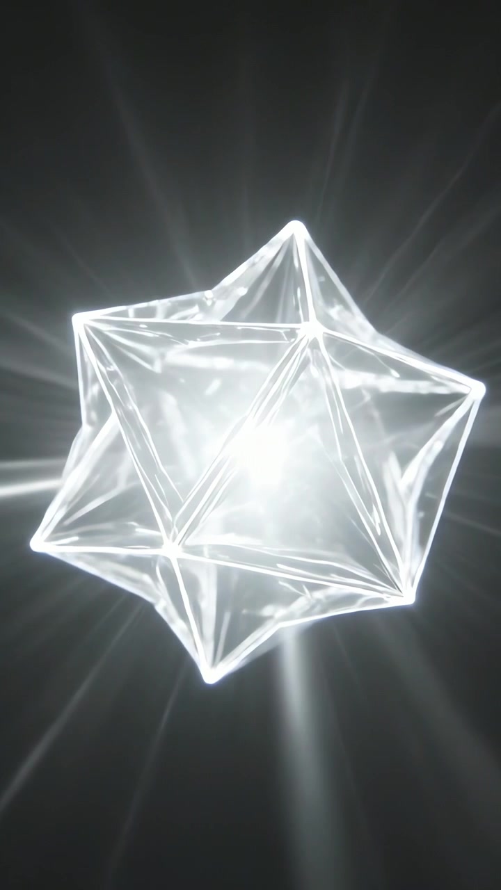 Vertical video: Rotating translucent polyhedron reacting to core flash in dark void, emitting beams