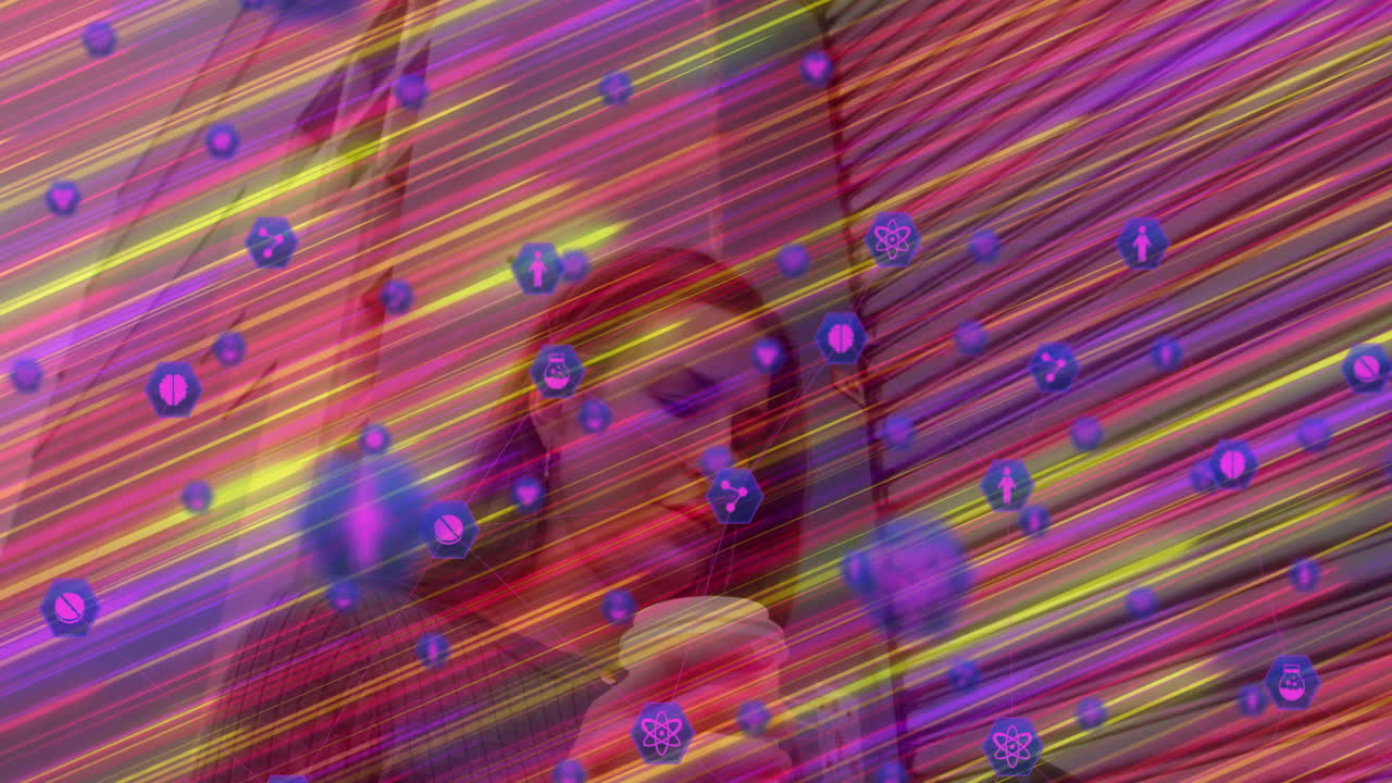 Man holding coffee cup while standing indoors, with neon streaks and medical science icons overlay