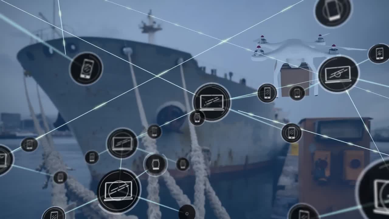 패키지를 운반하는 드론을 통해 아이콘으로 연결된 네트워크의 애니메이션